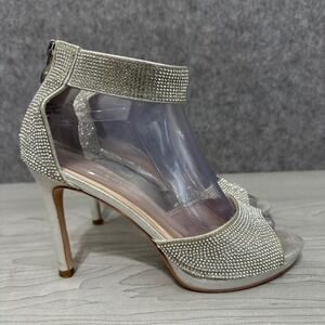 DE BLOSSOM COLLECTION Silver Rhinestone Open Toe Heels Size 6.5